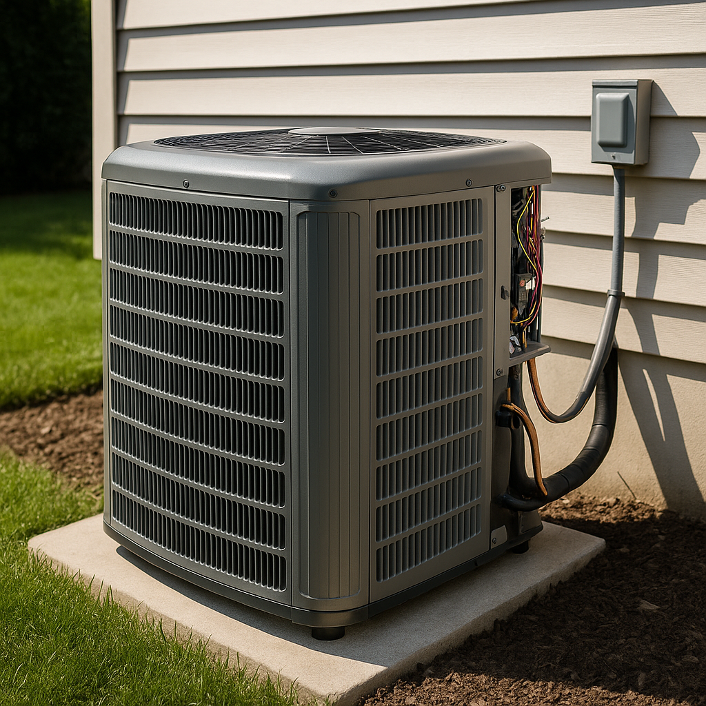 A modern gray residential air conditioner unit installed on a concrete slab next to a home in Phoenix, AZ.
